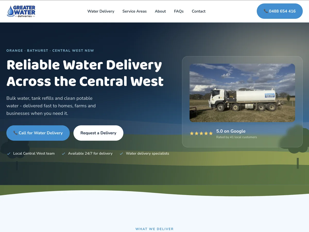Greater Water, custom-built website by MISO Studio for a business in Millthorpe, NSW