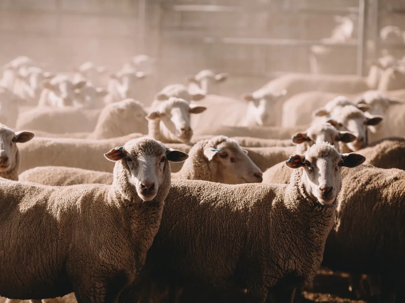 A flock of sheep standing together in a dusty yard in warm afternoon light